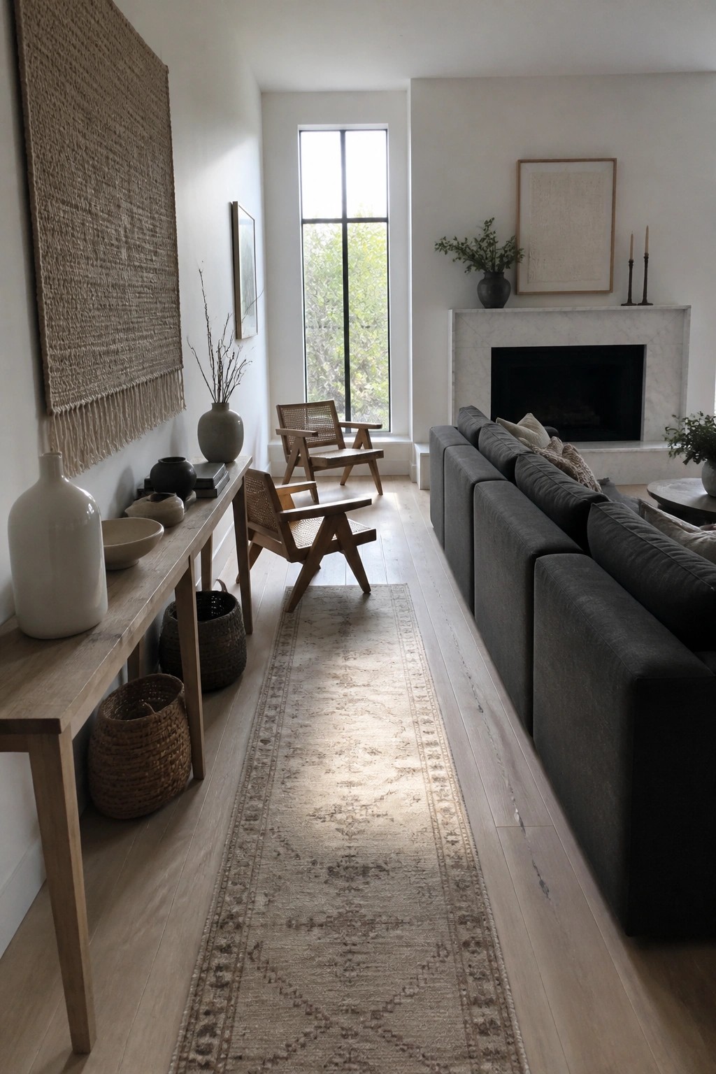 Minimalist living room with gray sectional sofa, wooden console table, woven chairs, and runner rug.