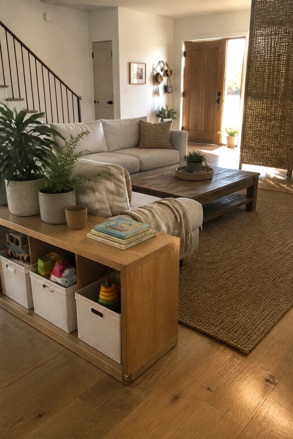 Bright living room with white sofa, wooden coffee table, toy storage, and plants