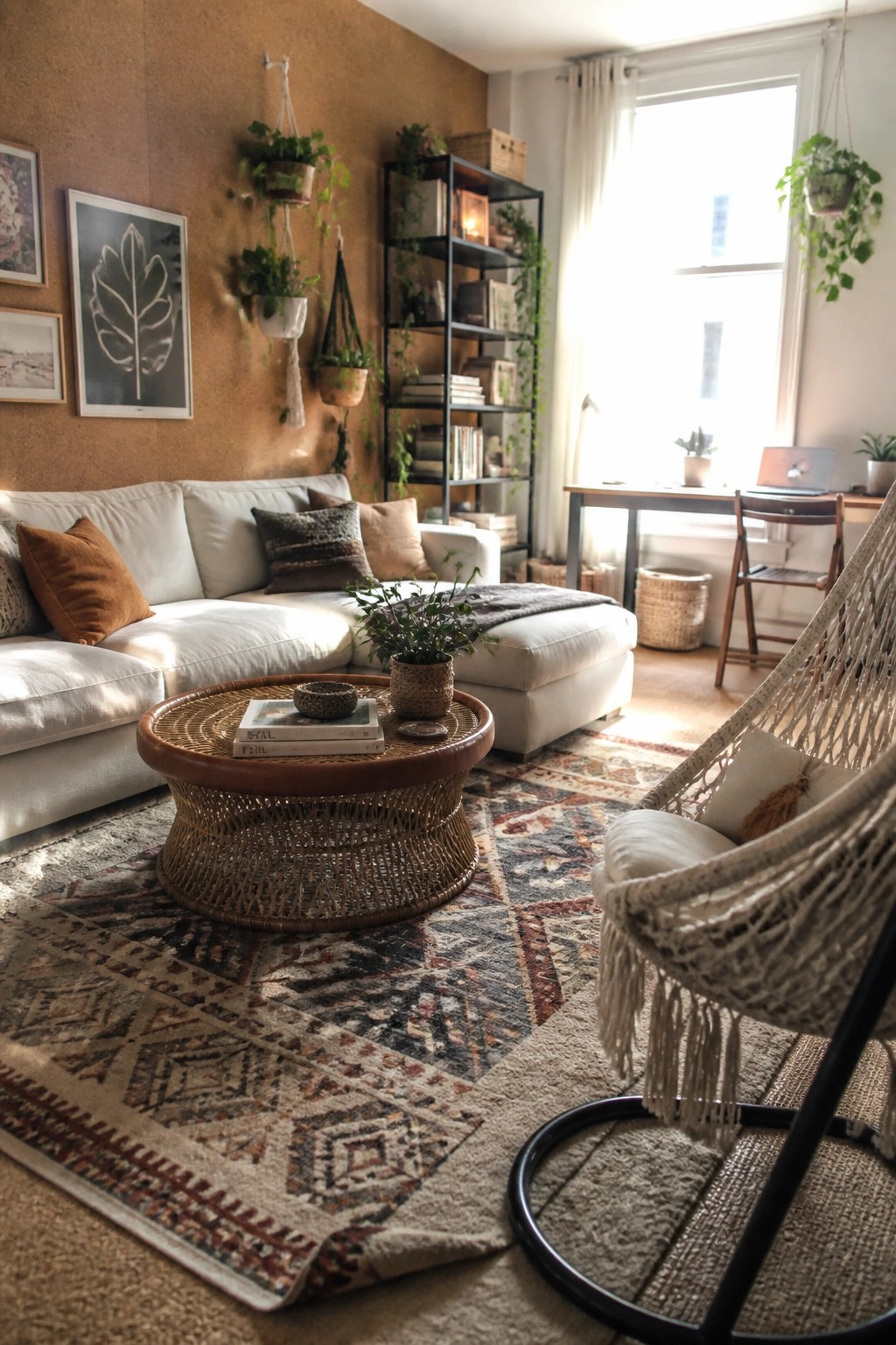 Cozy bohemian living room with white sofa, wicker table, hanging chair, and plants