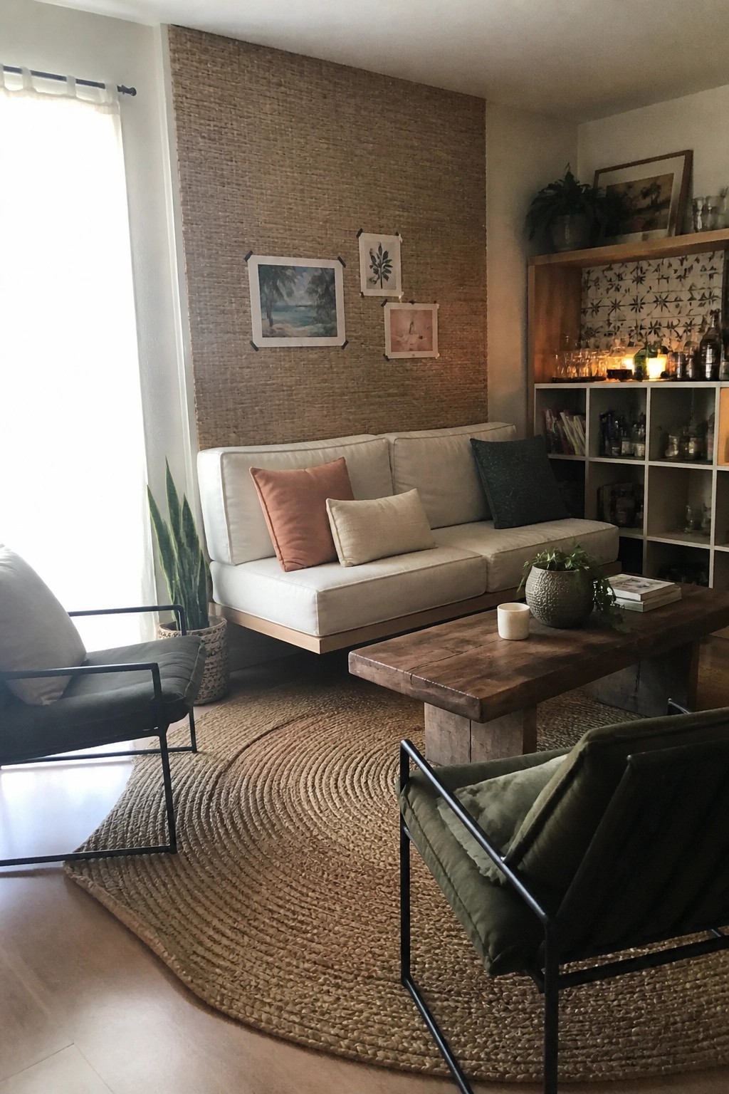Cozy living room with white sofa, green armchairs, wooden table, and round jute rug
