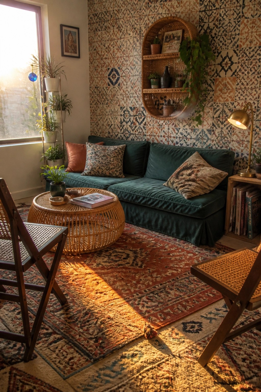 Cozy bohemian nook with green velvet sofa, rattan table, patterned rug, and wooden chairs