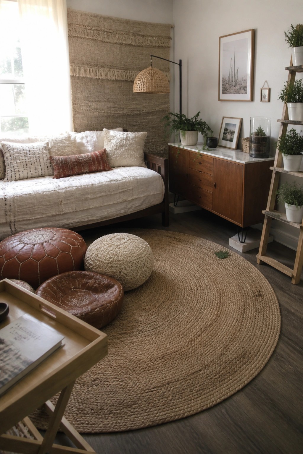 A living room featuring a large round jute rug, brown leather poufs, a daybed with white linens, a wooden cabinet, and potted plants.