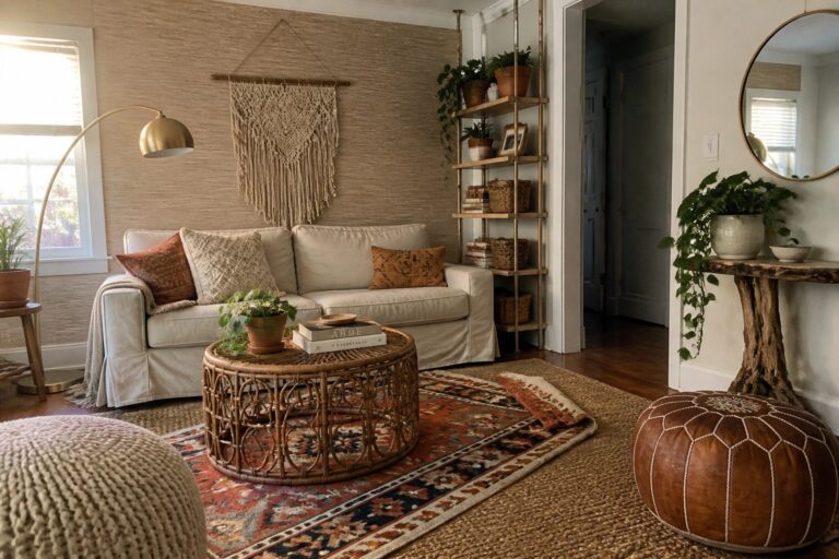 24 Practical Boho Chic Apartment Living Room Ideas for Renters Using Removable Decor Cozy bohemian living room with white sofa, rattan table, leather poufs, and macrame.