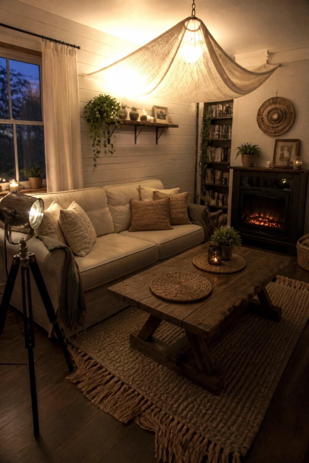A living room with a white sofa, wooden coffee table on a woven rug, dark fireplace, and a large draped fabric pendant light hanging from the ceiling.