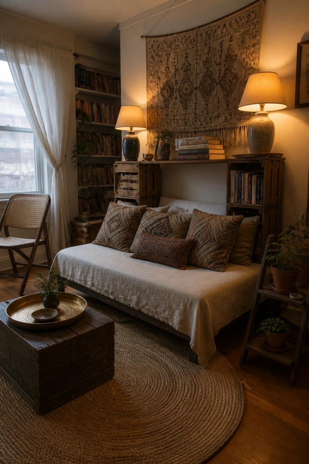 A daybed with patterned pillows sits against wooden crate shelves beneath a large woven wall tapestry, with a round jute rug and wooden trunk in the foreground.