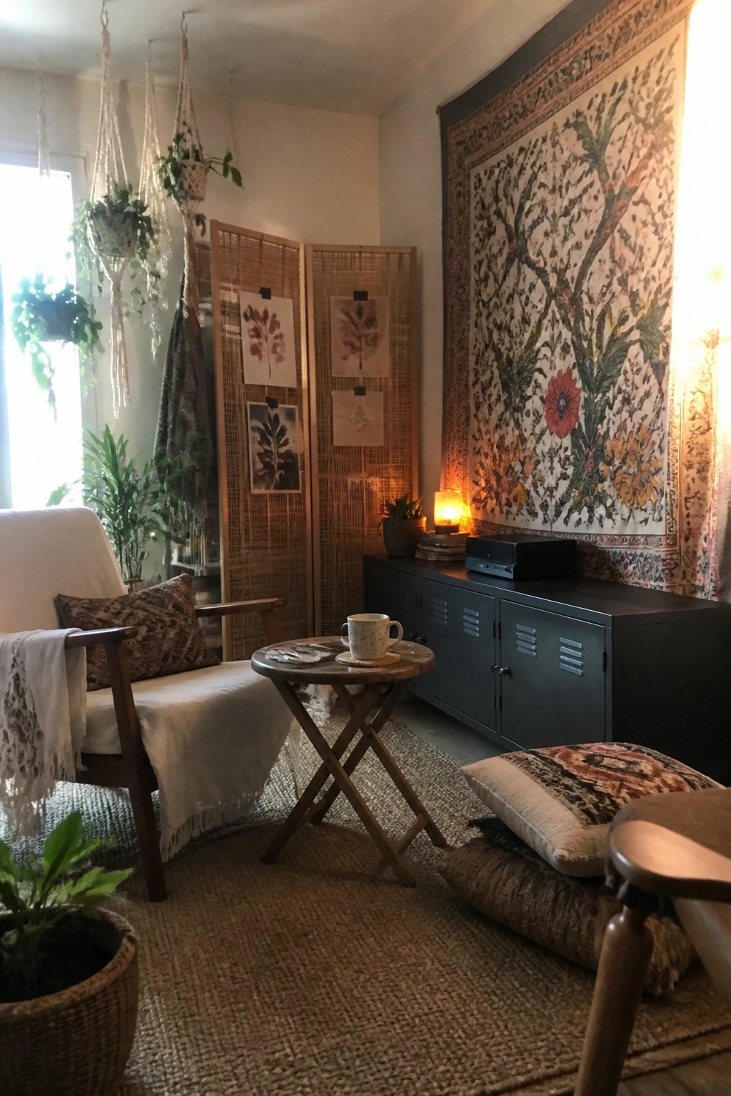 A living room corner with a large floral tapestry on the wall, a wooden armchair, hanging plants in macrame holders, a woven room divider, and a small round table on a jute rug.