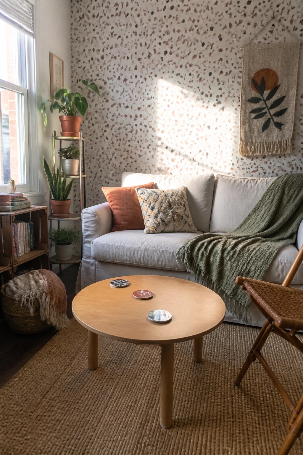 A living room corner with a light sofa, round wooden coffee table, potted plants on shelves, woven wall hanging, and jute rug on the floor.