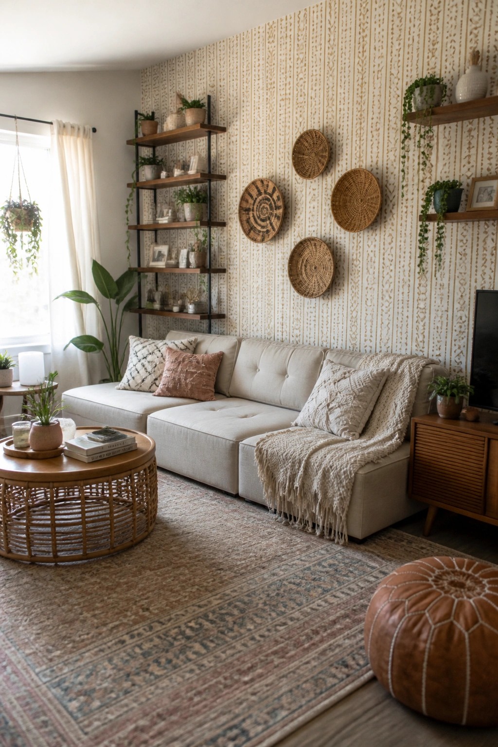 A living room with a light sectional sofa, round coffee table, patterned rug, and several woven baskets mounted on patterned wallpaper above the sofa.