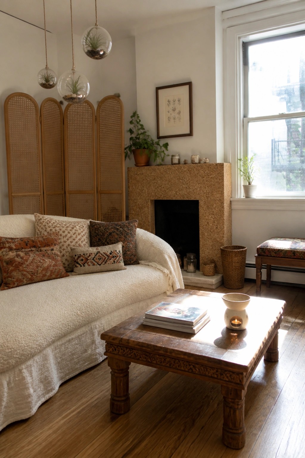 A living room with a white sofa covered in patterned pillows and a throw, a wooden coffee table, hanging glass terrariums, and a rattan screen near a cork fireplace.