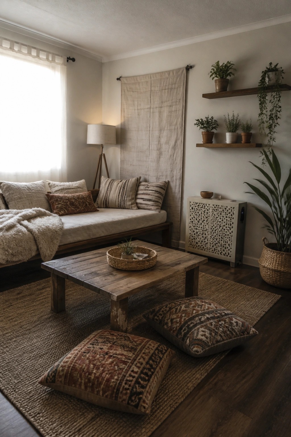 A living room with a wooden daybed, striped and patterned pillows, a rustic coffee table on a jute rug, two patterned floor cushions, floating shelves with plants, and a large neutral fabric wall hanging.
