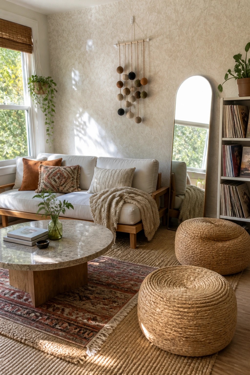A living room with a white sofa, round coffee table, two round woven poufs, layered rugs on a wood floor, hanging felt ball decor, and potted plants near the windows.