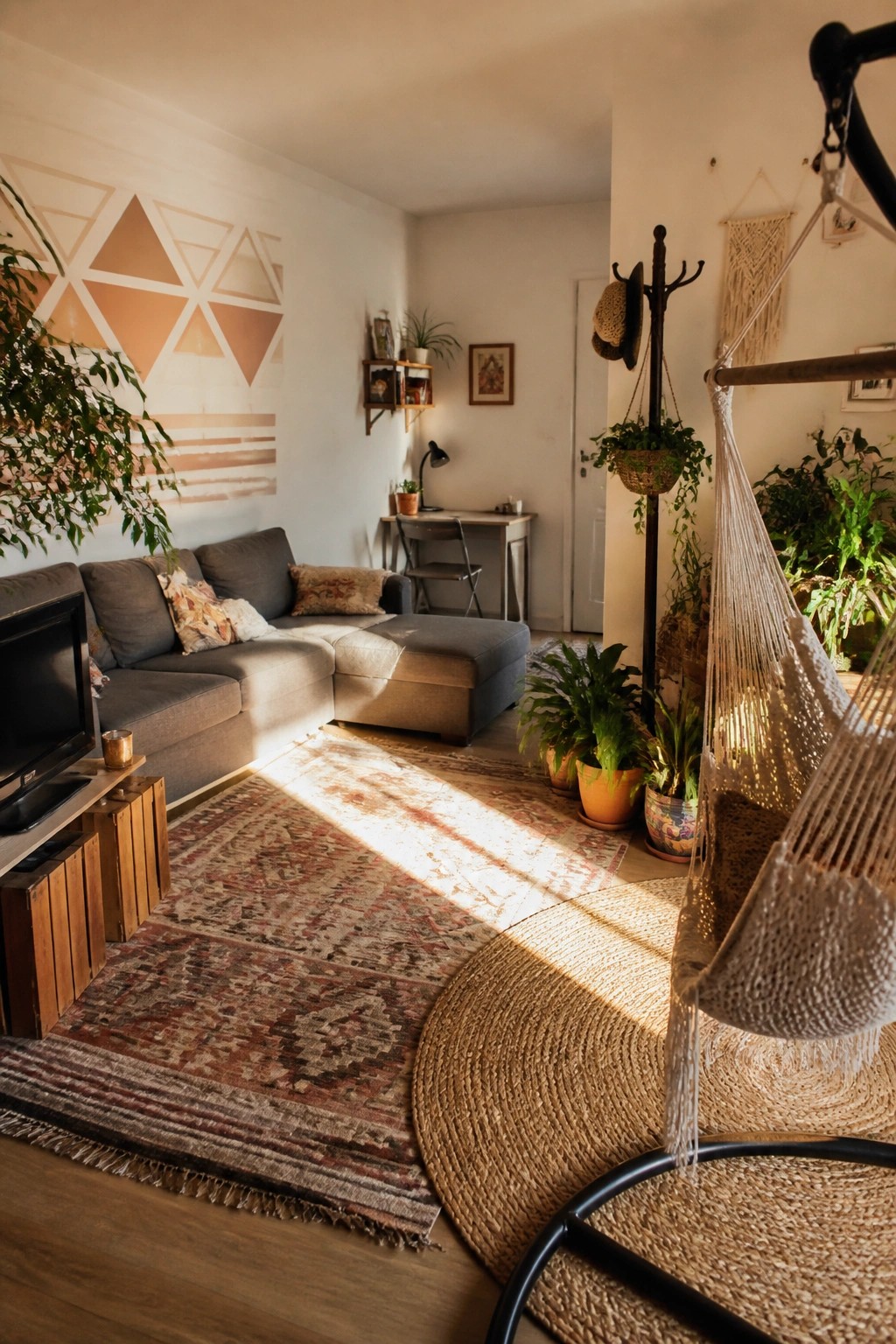 Sunlit bohemian living room with gray sectional sofa, macrame hammock, and many potted plants