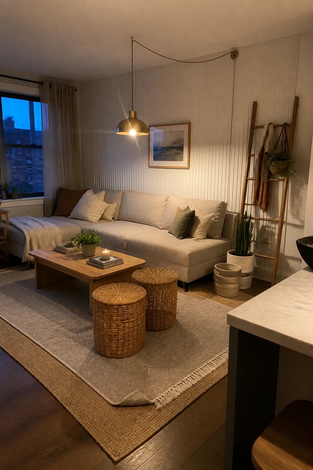 Cozy living room with beige sectional sofa, wooden coffee table, woven ottomans, and pendant light.