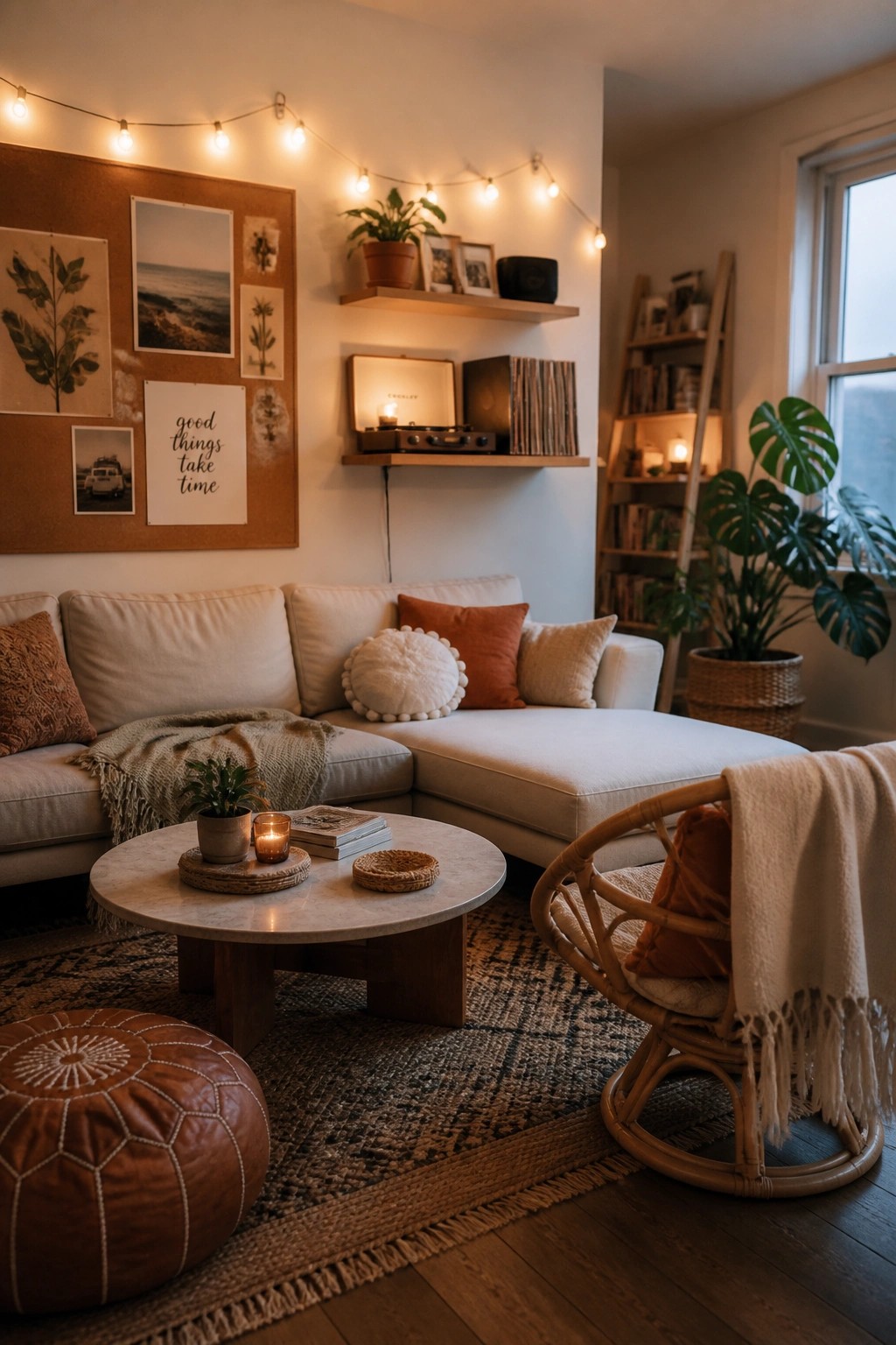A boho living room featuring a white L-shaped sectional sofa with layered pillows and throws, a round coffee table, string lights, plants, a corkboard with prints, and a rattan chair on a patterned rug.