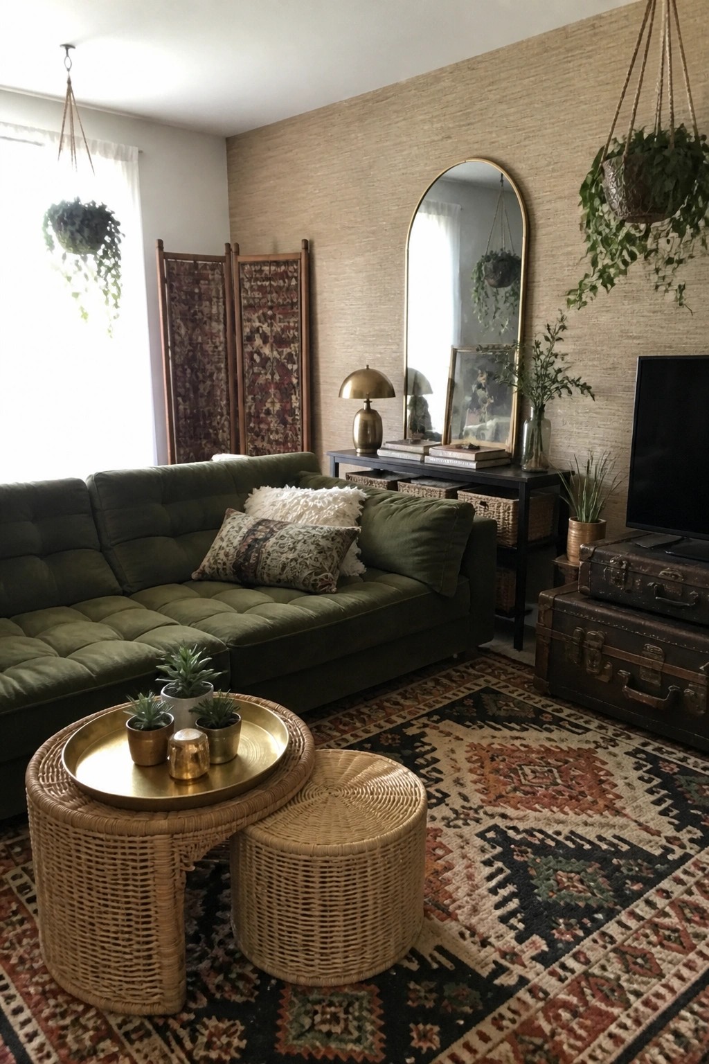 A living room featuring a green sectional sofa, woven rattan coffee table and ottoman on a patterned rug, a dark console table with an arched mirror above it, and multiple hanging plants.
