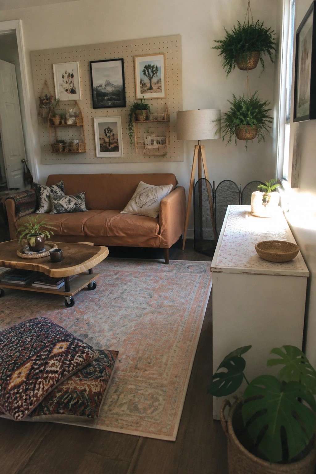 A living room with a large pegboard mounted on the wall behind a brown sofa, holding framed prints and small wooden shelves with plants and decor items.