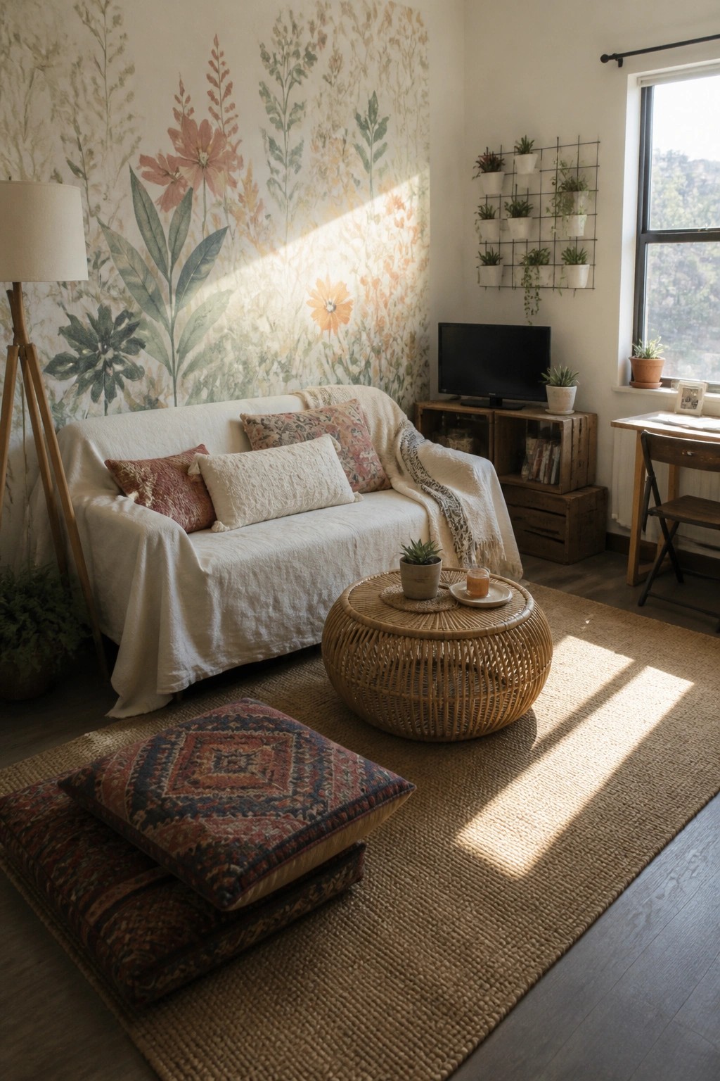 Sunlit bohemian living room with white sofa, wicker table, and floral wallpaper