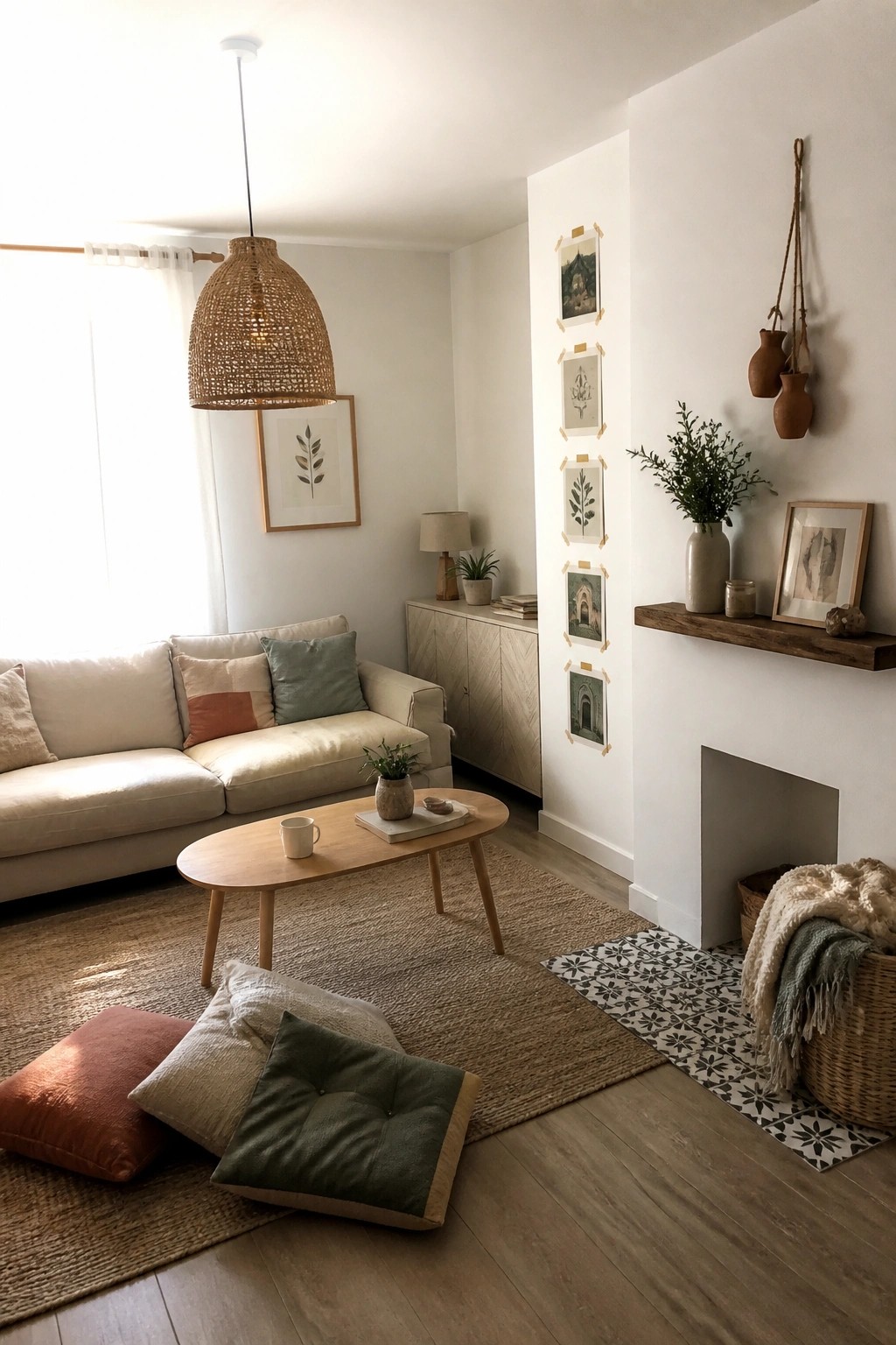 A living room interior showing a white wall with five framed prints arranged vertically using beige tape, next to a wooden shelf holding vases and a plant.