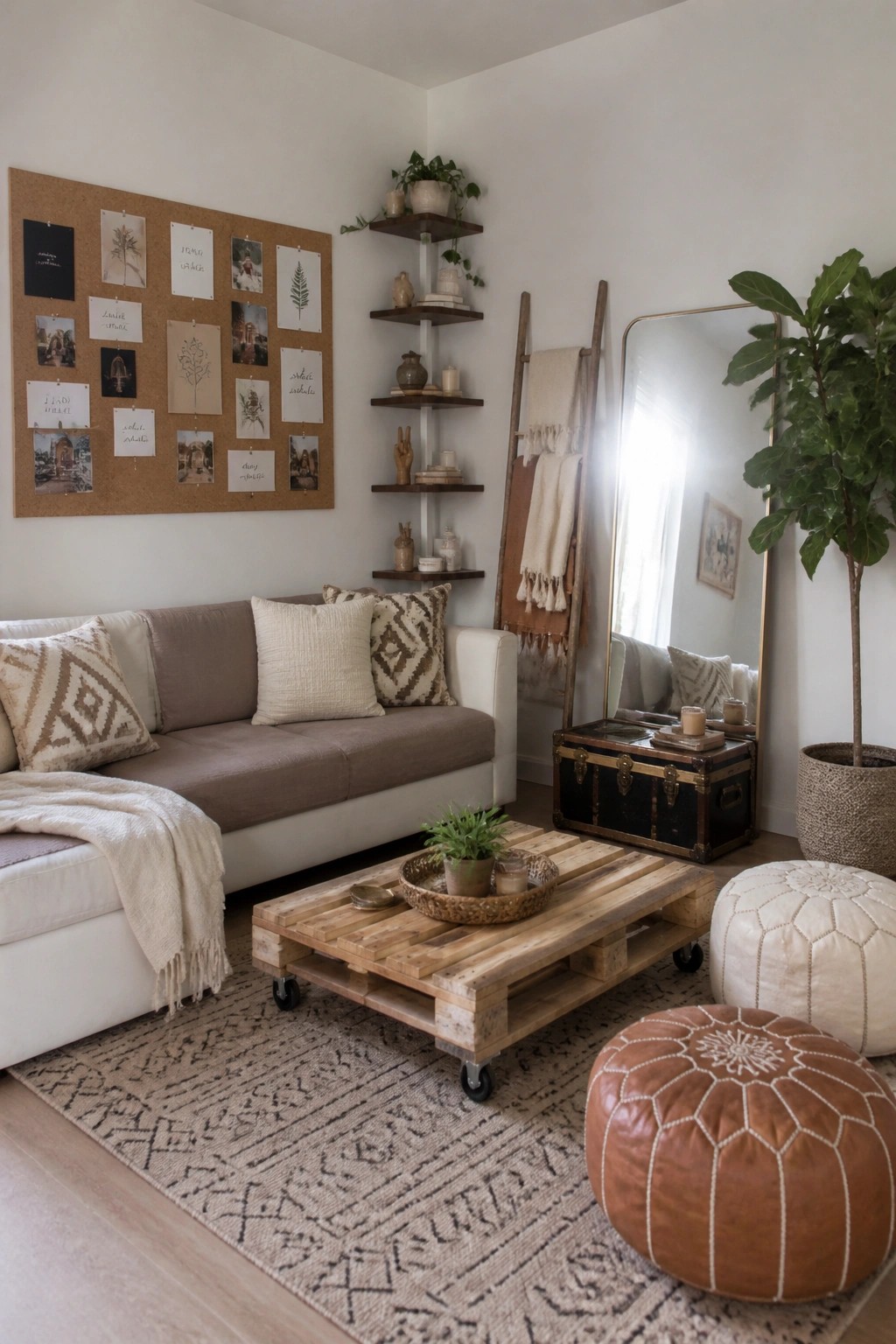 A living room corner with a large corkboard displaying pinned prints and photos on the wall above a sofa, next to corner shelves and a tall mirror.