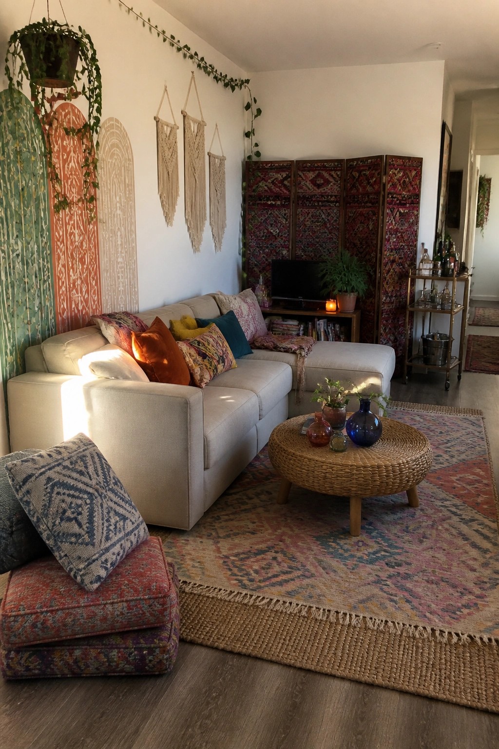 Sunlit bohemian living room with beige sectional sofa, macrame hangings, round coffee table, and rugs