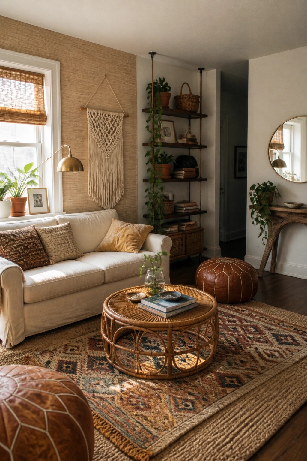 Cozy bohemian living room with white sofa, rattan table, leather poufs, and macrame.