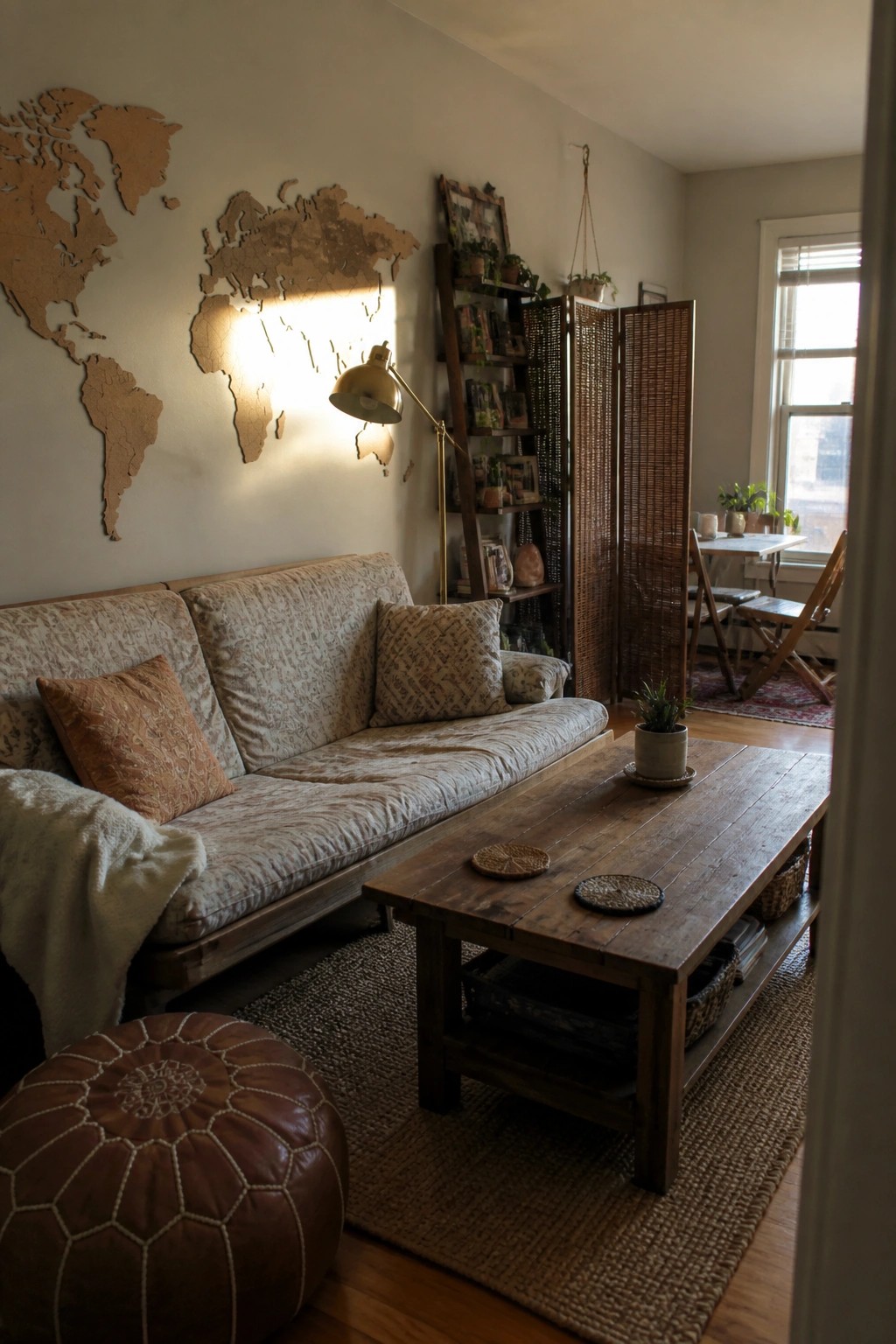 A living room with a large cork world map on the wall above a patterned sofa and wooden coffee table.