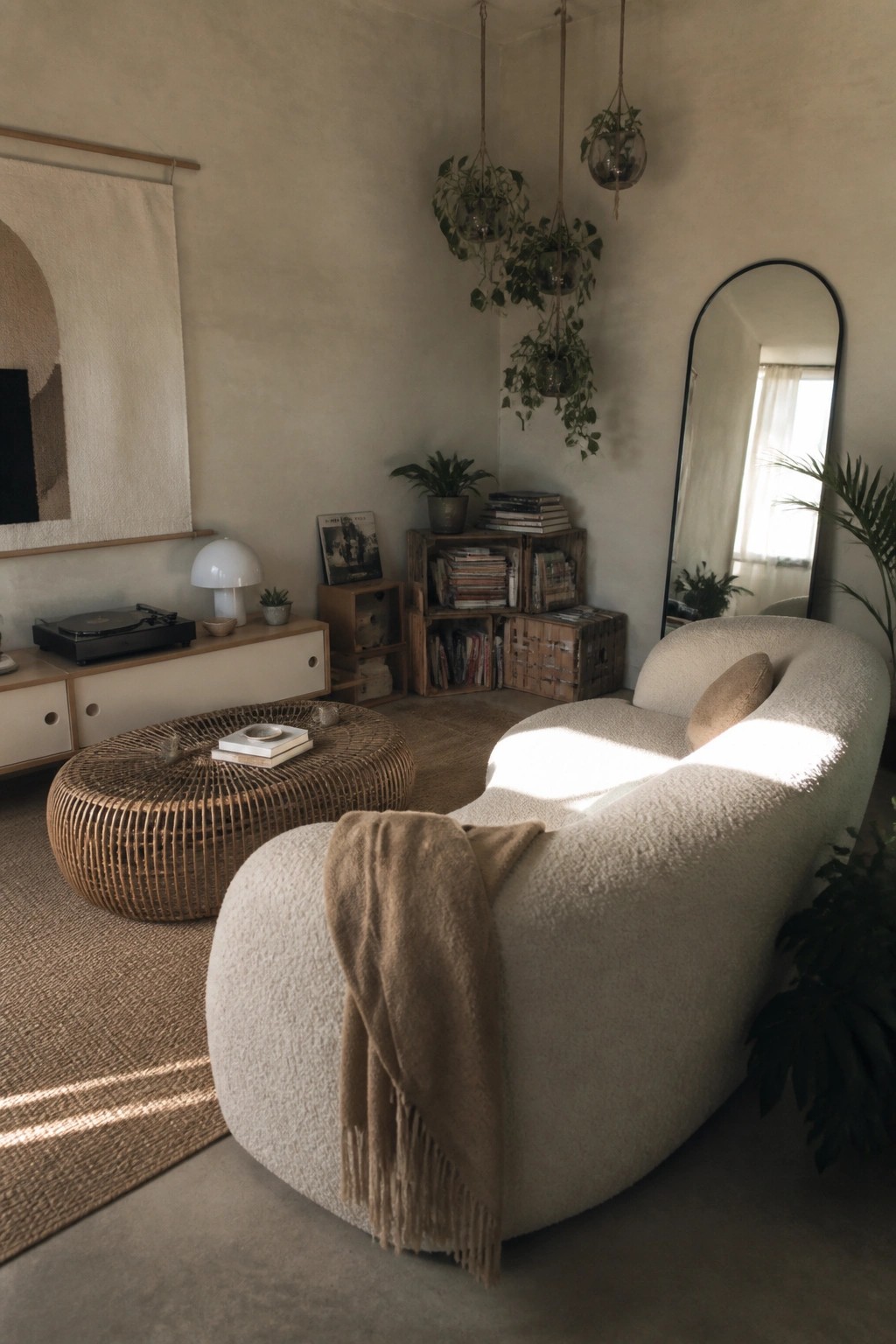 A boho living room featuring a large curved white boucle sofa with a beige throw, a round rattan coffee table, hanging plants, wooden crates with books, and a record player on a low console.