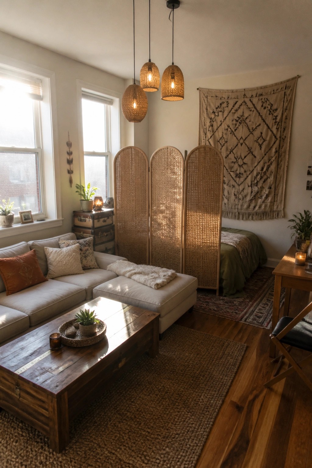Cozy bohemian living room with sectional sofa, wooden table, rattan divider, and hanging lights