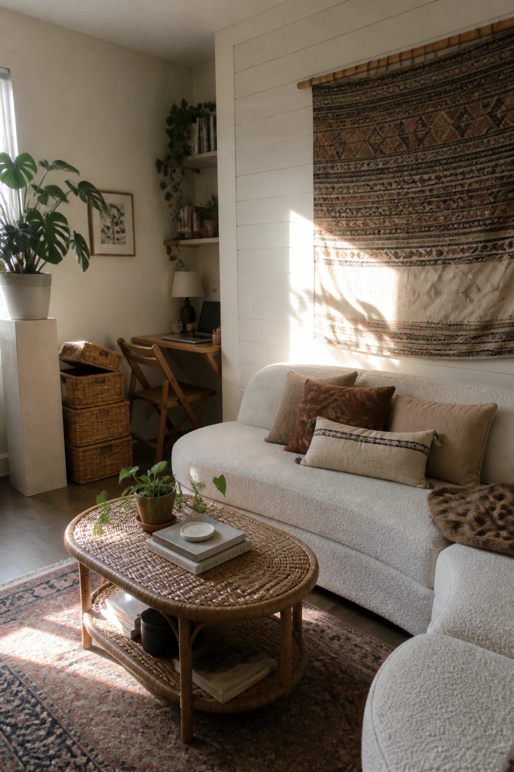 A living room corner with a white sofa, round rattan coffee table on a patterned rug, and a large geometric tapestry hanging on a white wall.