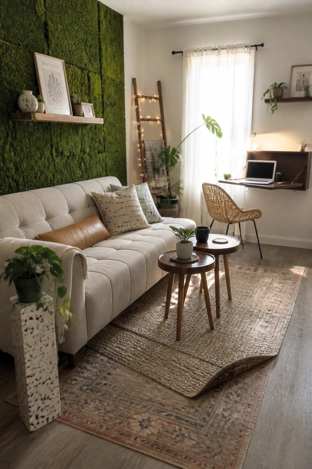 A living room featuring a large green moss wall behind a white sofa, with wooden nesting tables on layered rugs and a desk area near a window.