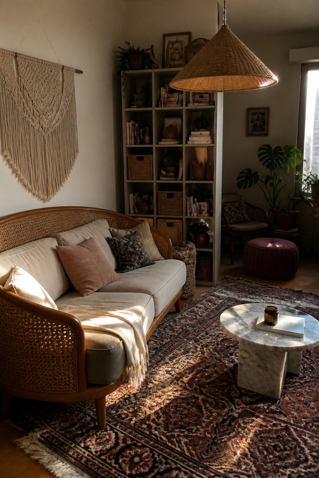 Cozy living room with rattan sofa, marble table, woven light, and patterned rug.