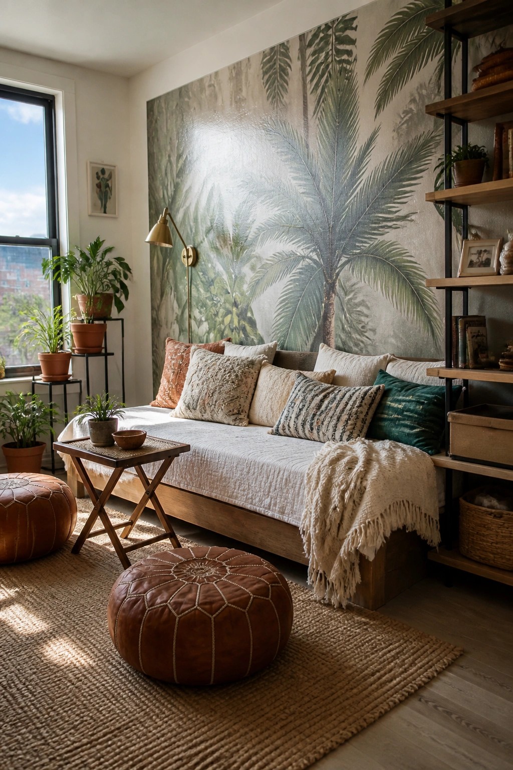 A living room with a large palm leaf mural on the back wall, a wooden daybed layered with pillows, two brown leather poufs, and several potted plants.
