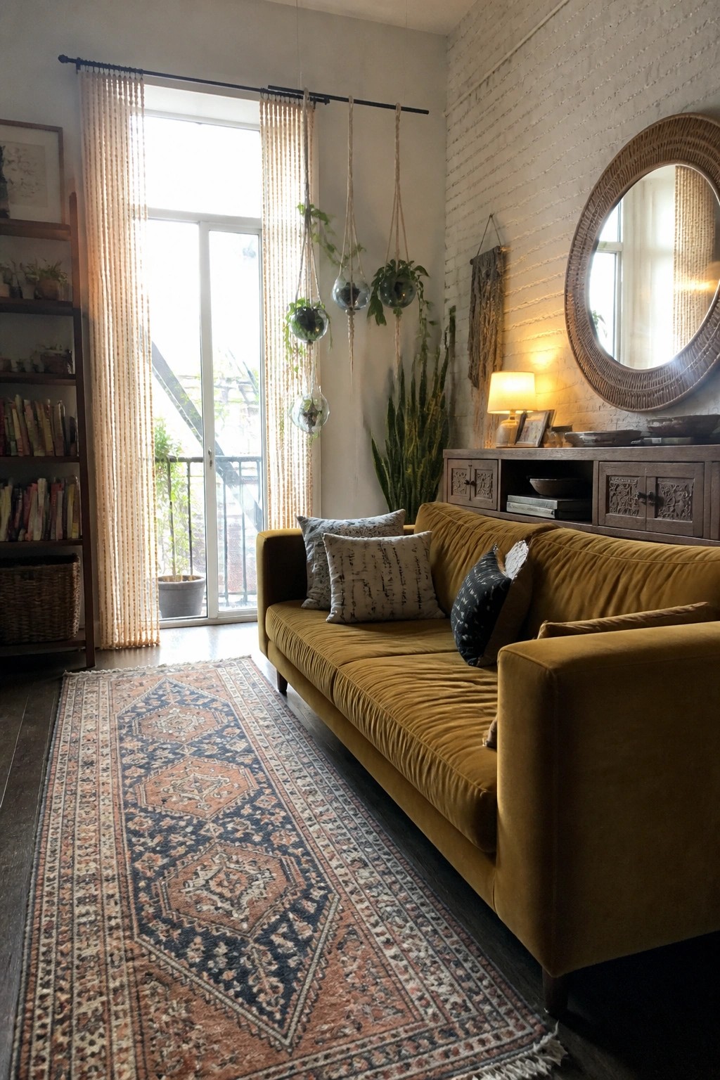 A mustard yellow sofa rests on a large patterned rug in a living room with hanging plants, a wooden console table, and a round mirror on a white brick wall.