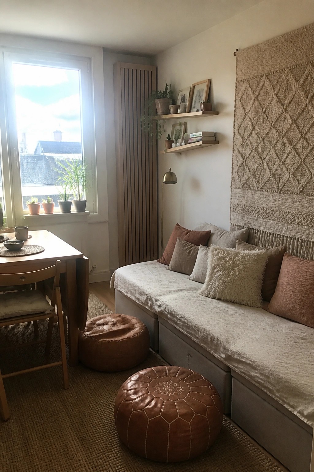 A small living room with a long gray daybed covered in neutral pillows, two brown leather poufs on a woven rug, a wooden dining table near a window, and a large macrame wall hanging above the daybed.