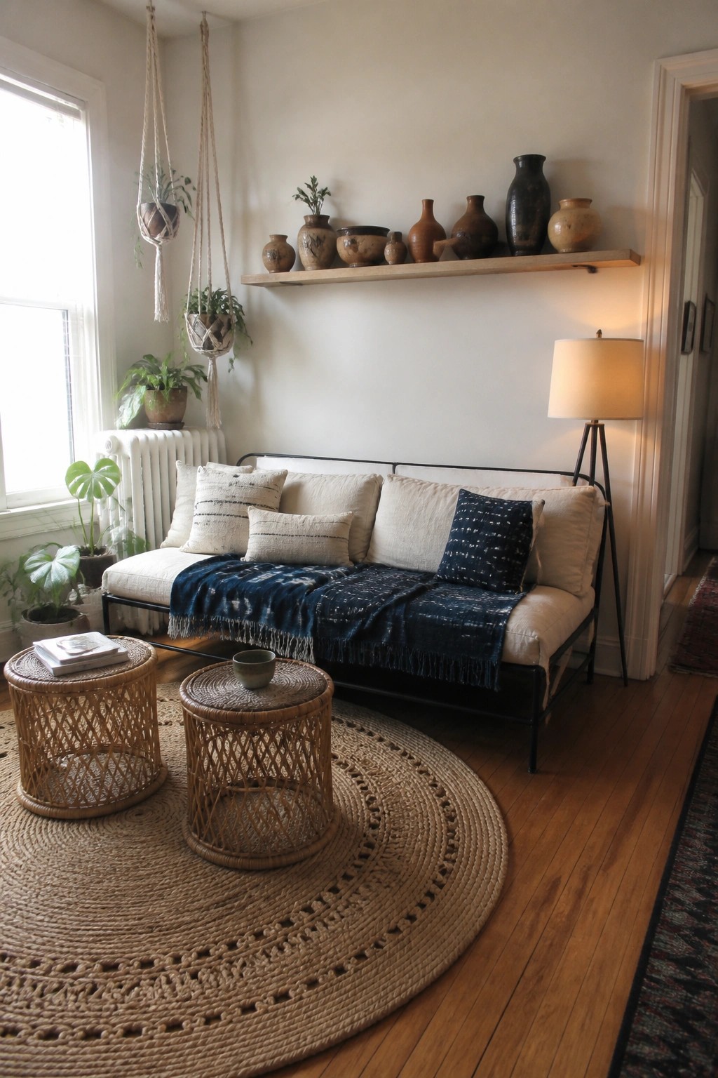 A living room featuring a black metal sofa on a large round jute rug, with two rattan side tables and hanging plants near a window.