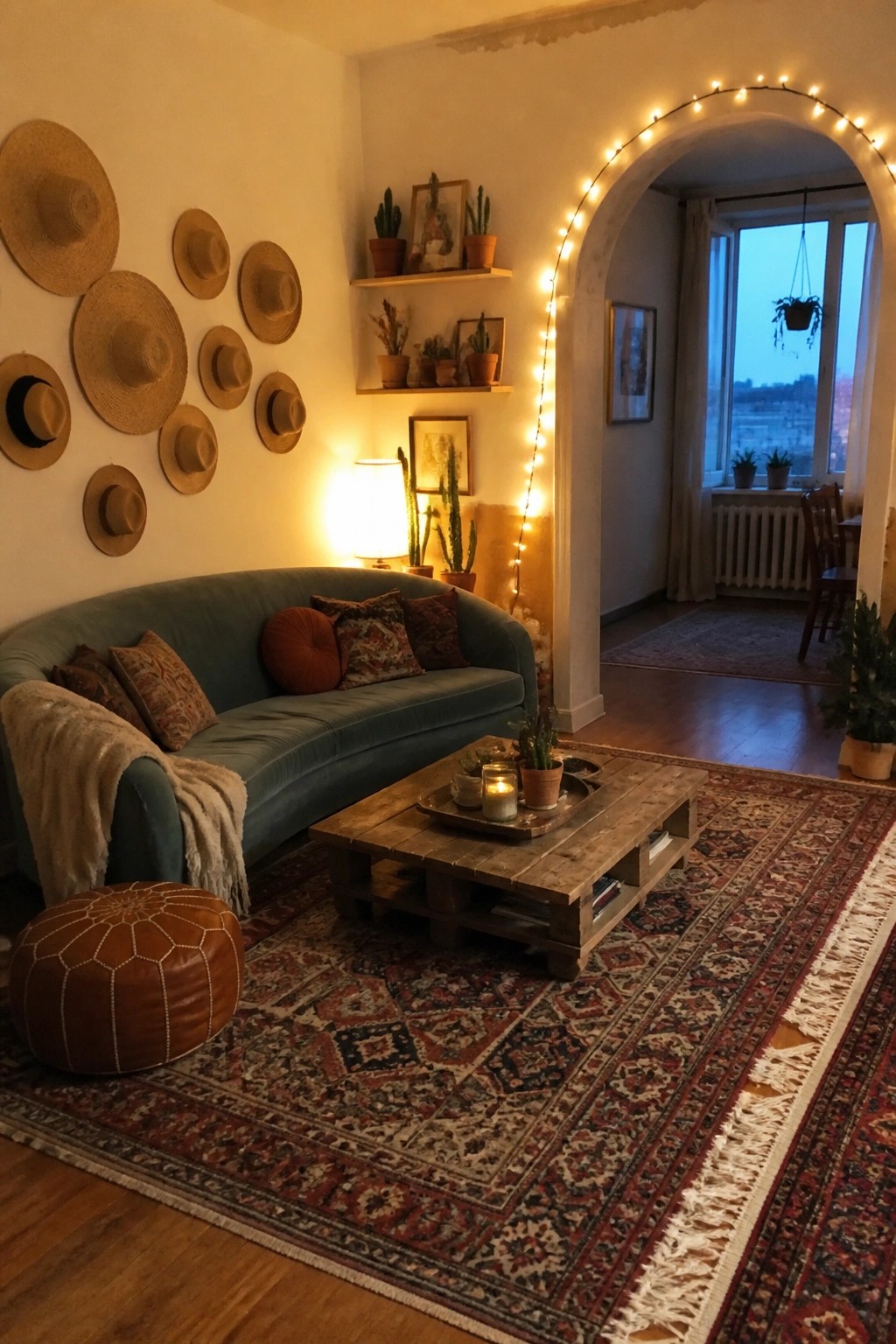 A boho living room with a teal sofa, patterned rug, wooden coffee table, and multiple straw hats arranged on the wall above the seating area.