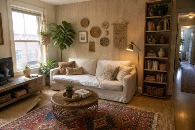 Cozy living room with white sofa, patterned rug, rattan table, and tall bookshelf.