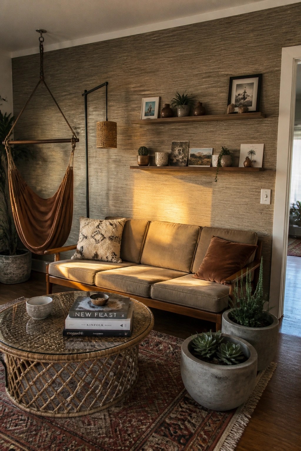 A living room shows a tan sofa beneath two wooden floating shelves holding plants, framed photos, and pottery on a textured wall.