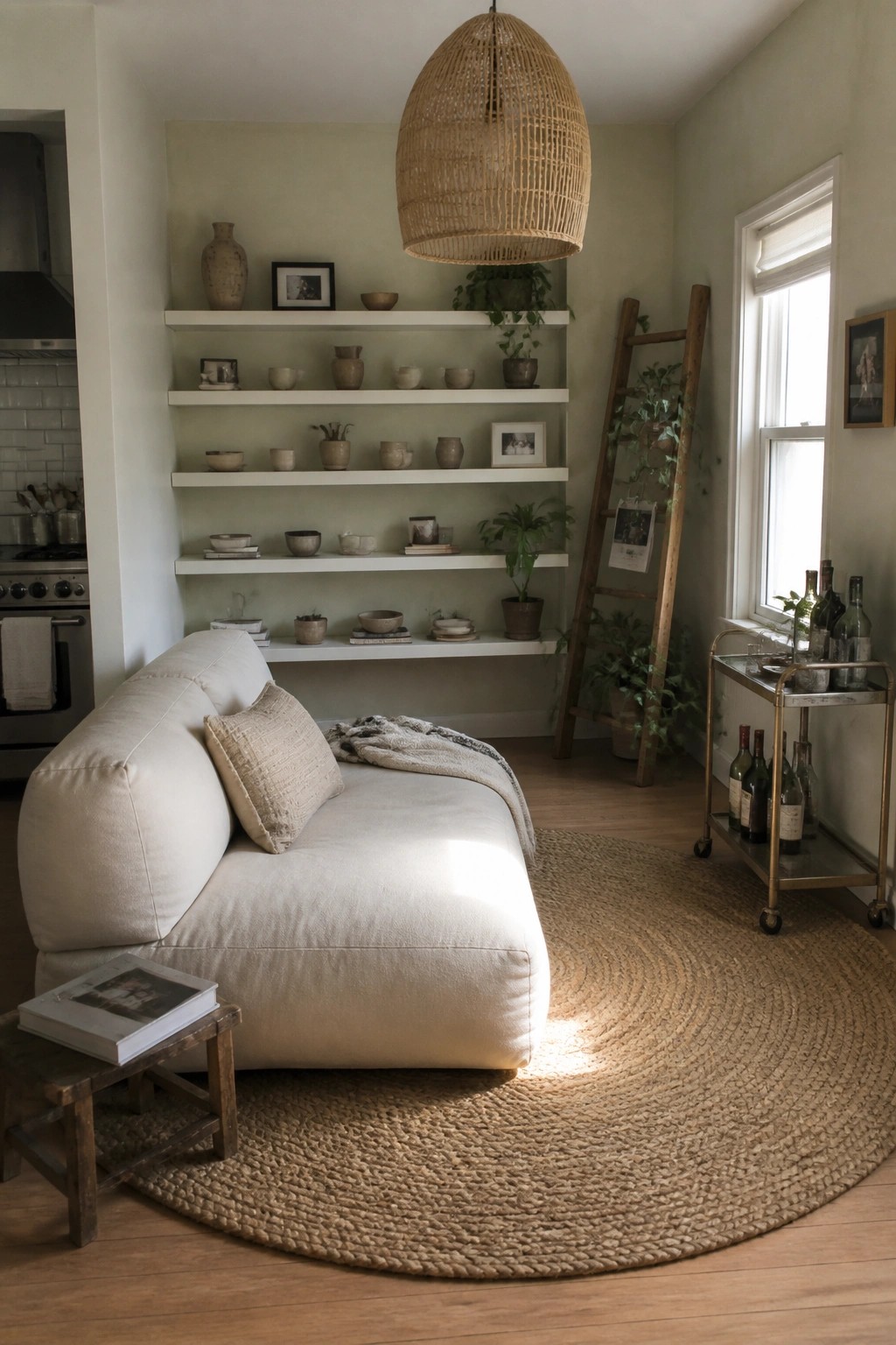 A bright living room corner with a white sectional on a round jute rug, white floating shelves holding ceramics and plants on a pale green wall, and a large woven pendant light above.