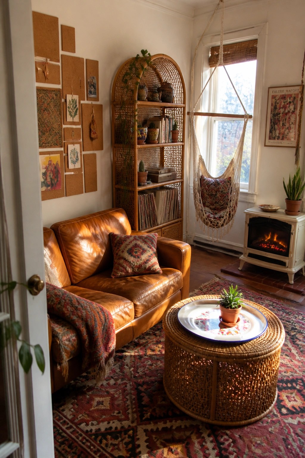A living room featuring a brown leather sofa, round wicker coffee table, tall rattan bookshelf, and a hanging chair suspended near a window.