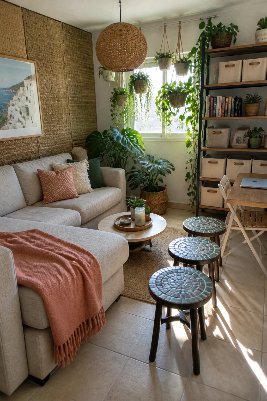 Cozy living room with beige sofa, hanging plants, mosaic stools, and woven pendant light.