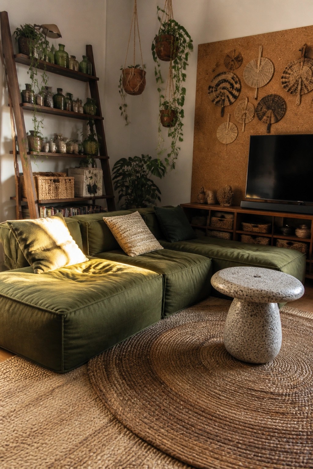 A living room featuring a green sectional sofa on a jute rug, with hanging plants, a wooden ladder shelf filled with bottles and baskets, and woven wall hangings on a cork panel.