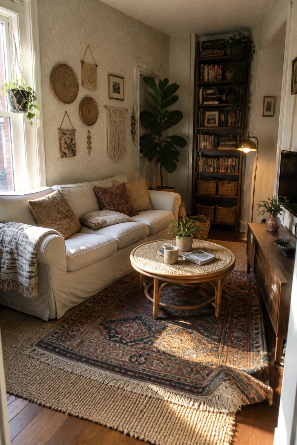Cozy living room with white sofa, patterned rug, rattan table, and tall bookshelf.