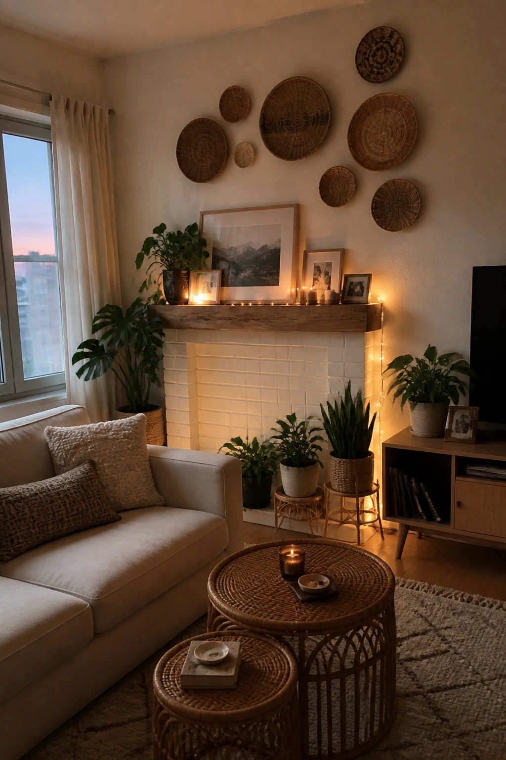 A living room with a white brick fireplace, wooden mantel holding string lights and framed art, and multiple round woven baskets mounted on the wall above.