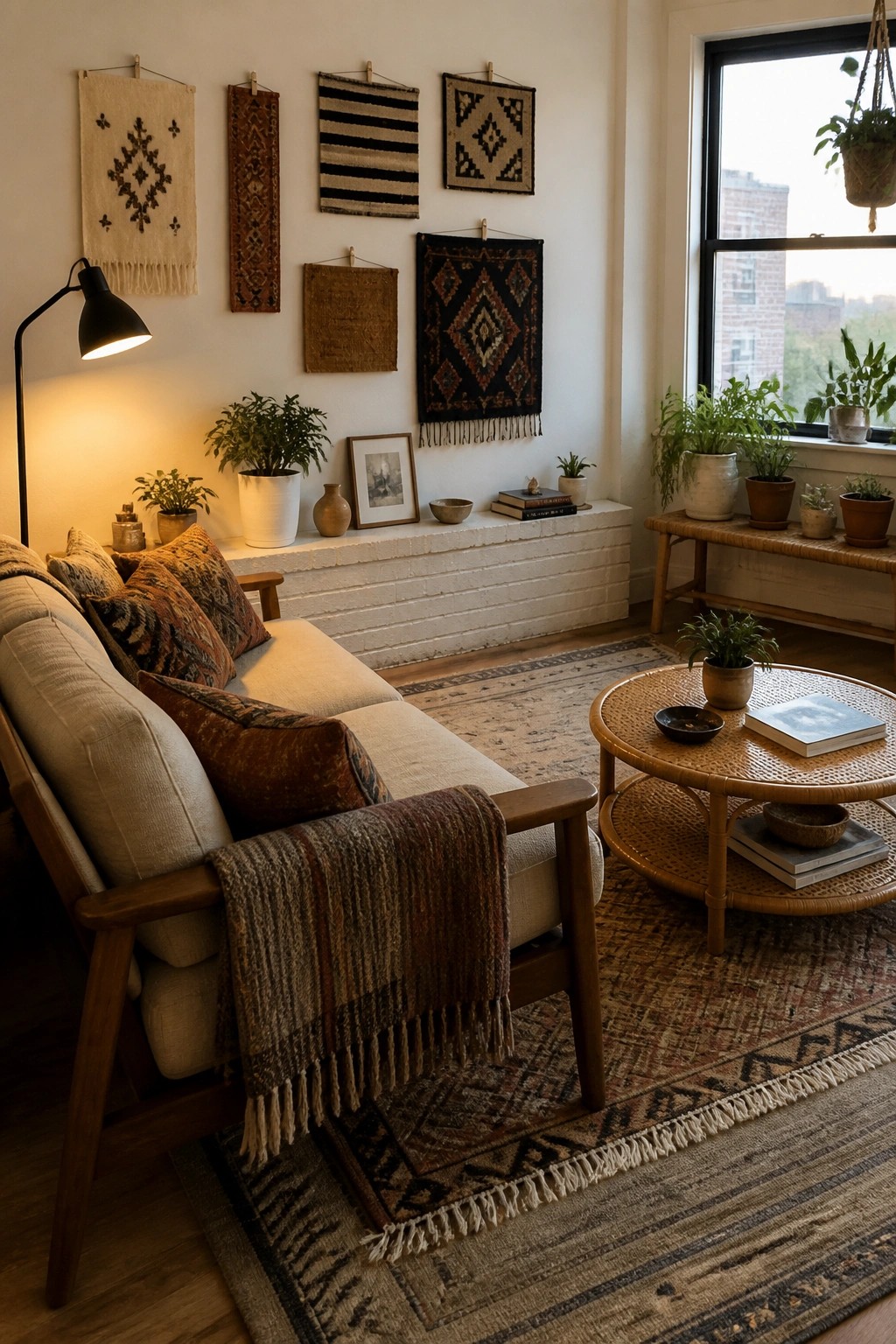 A living room corner showing a light sofa with patterned pillows, a round rattan coffee table, and several woven textiles of varying sizes hung on a white wall above a painted brick ledge with plants.