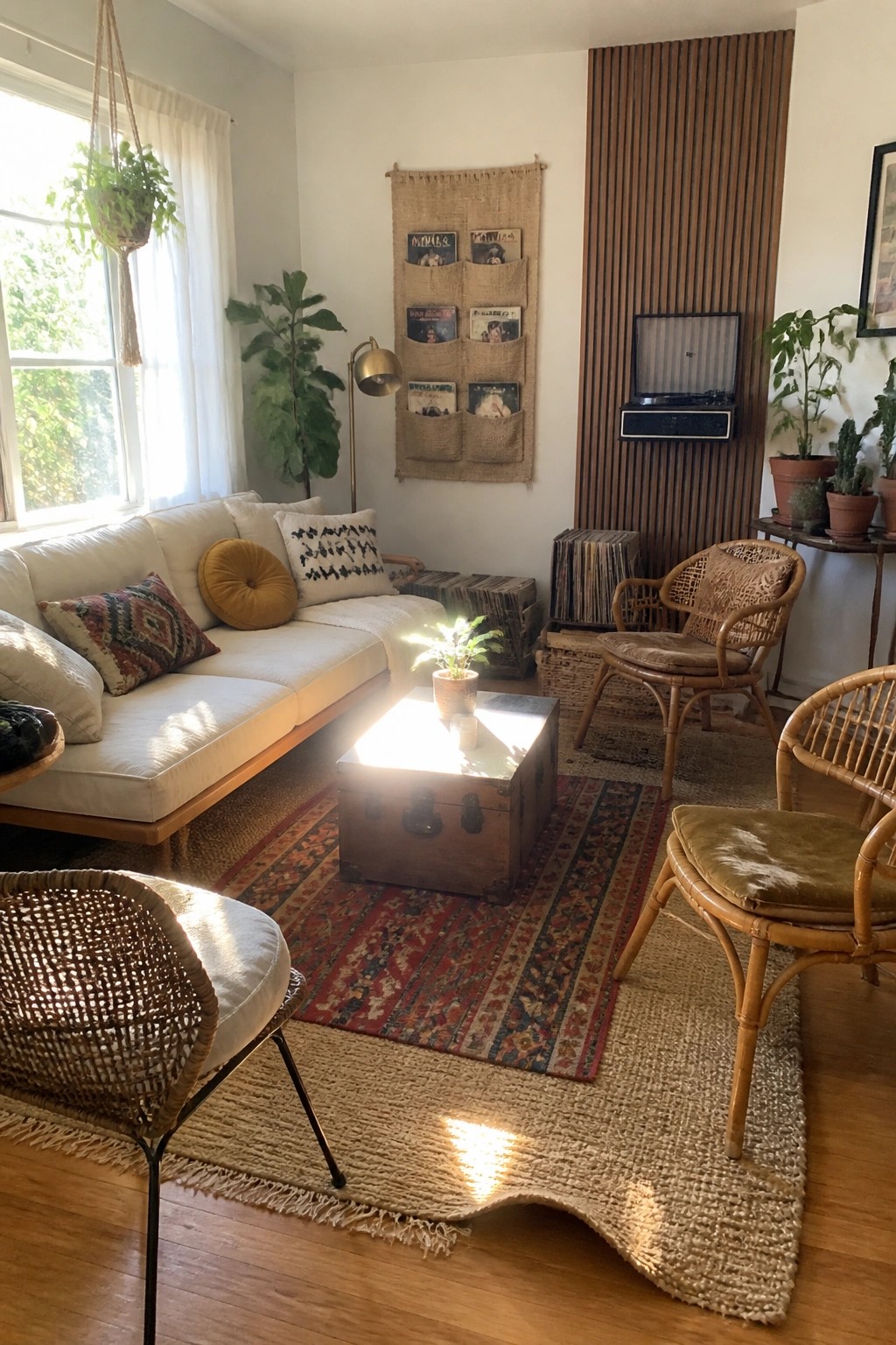 A boho living room with a white sofa, rattan chairs, a wooden trunk coffee table, and layered rugs on hardwood floors.