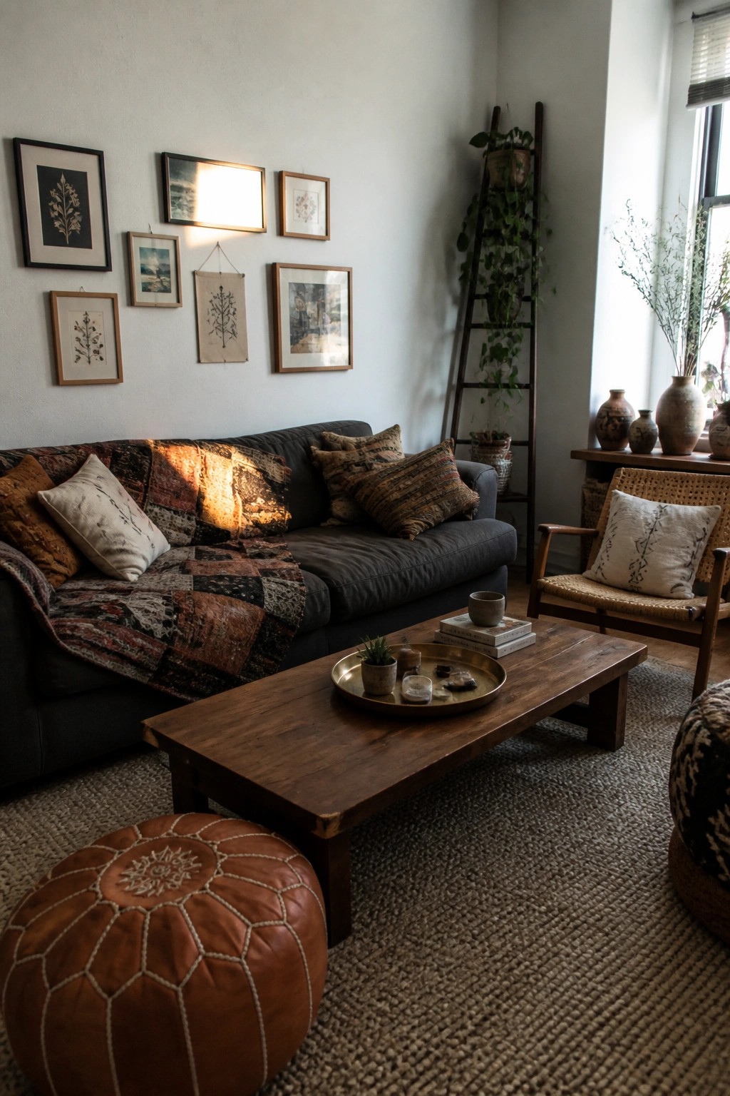 A living room featuring a dark sofa styled with a patchwork throw and assorted pillows, a wooden coffee table holding a tray, a brown leather pouf on a woven rug, and framed wall art.