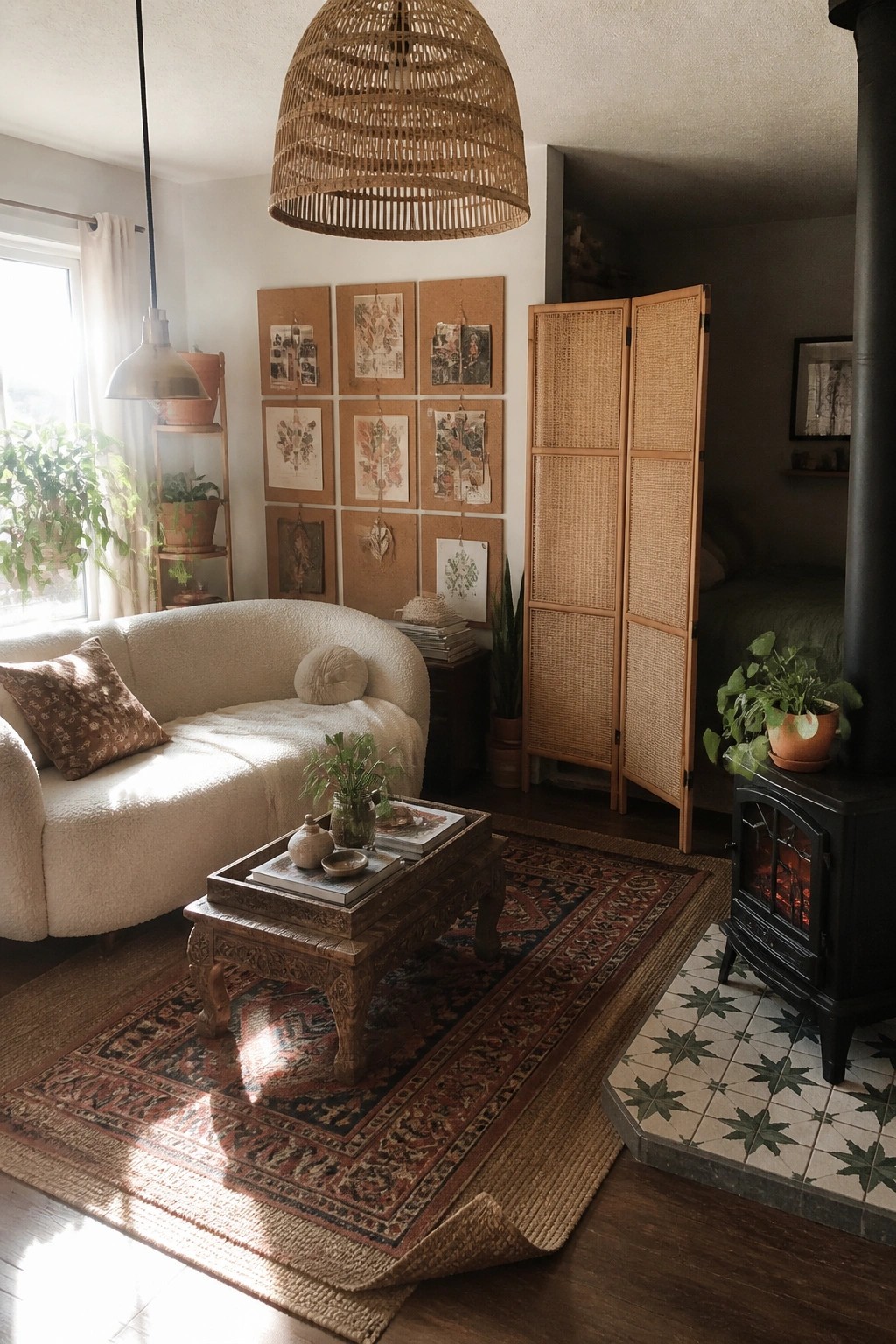 Cozy living room with white boucle sofa, carved coffee table on rug, and wood stove