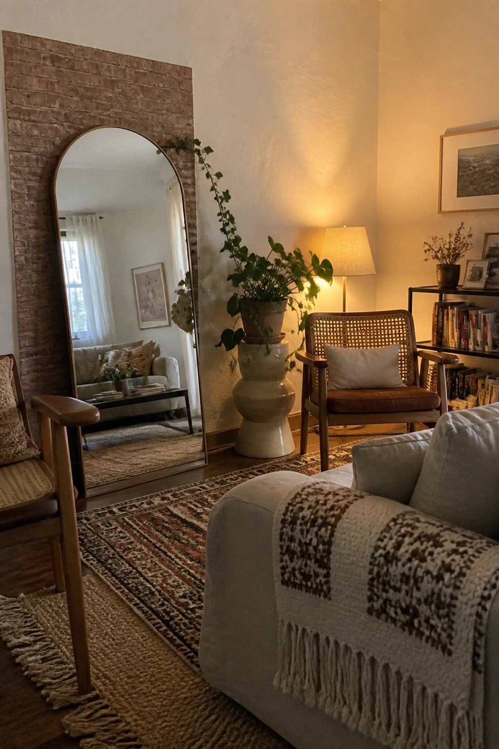 A living room with a large arched mirror leaning against a brick wall section, layered rugs on the floor, wooden and rattan seating, potted plants, and warm lamp light.