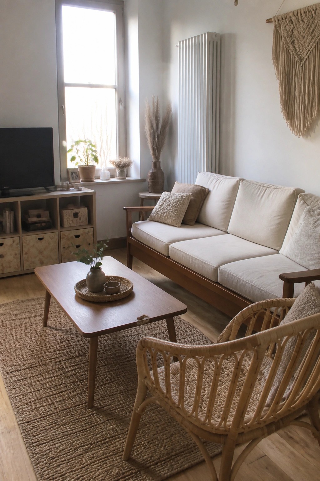 A living room with a neutral fabric sofa on a wooden frame, a wooden coffee table on a large jute rug, a rattan chair, and a window with potted plants on the sill.